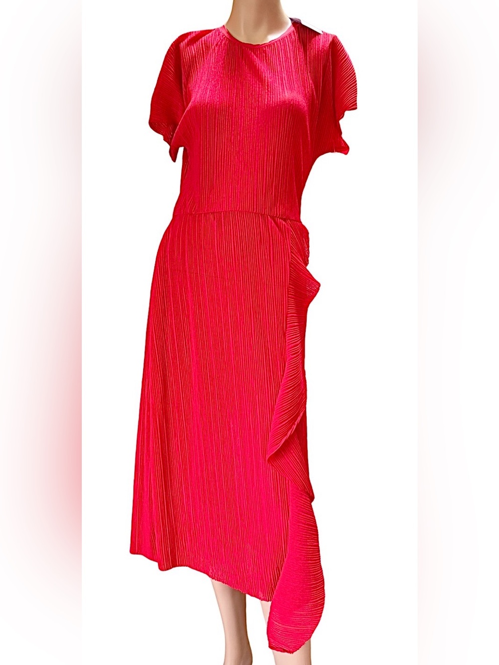 Zara Trafaluc NWT Red Pleated Midi Maxi Dress Asymmetrical Ruffle Size Large